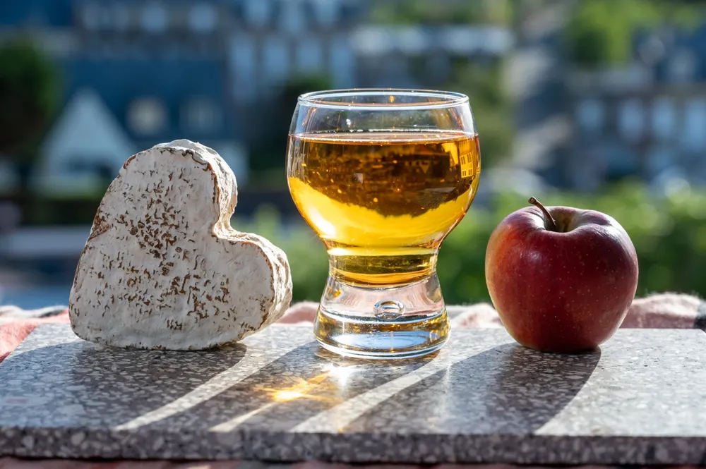 Un fromage Neuchatel, un verre de cidre et une pomme posés côte à côte sur une table, au soleil.
